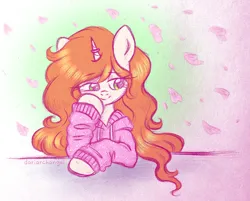 Size: 2072x1664 | Tagged: safe, artist:dariarchangel, derpibooru import, oc, oc:dariarchangel, ponified, pony oc, unofficial characters only, pony, unicorn, g4, abstract background, bust, c:, clothes, cute, female, female oc, ginger hair, ginger mane, green eyes, hoodie, horn, horn ring, image, jewelry, mare, mare oc, mixed media, ocbetes, orange hair, orange mane, pale coat, petals, png, ponified artist, ponysona, portrait, ring, smiling, solo, unicorn oc, weapons-grade cute, wedding ring