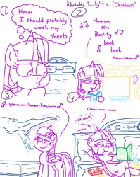 Size: 4779x6013 | Tagged: safe, artist:adorkabletwilightandfriends, derpibooru import, twilight sparkle, twilight sparkle (alicorn), alicorn, comic:adorkable twilight and friends, g4, adorkable, adorkable twilight, bed, bedroom, book, chewing, chips, cleaning, comic, crackers, cute, dork, eating, food, humming, image, lying down, magic, making bed, on back, peaceful, pillow, png, reading, relaxed, relaxing, sheet, singing, slice of life, smiling, snacks, thinking, thought bubble, washing, washing machine