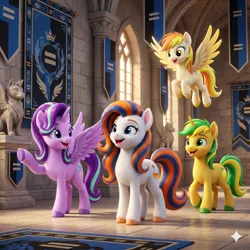 Size: 2048x2048 | Tagged: safe, ai generated, generator:nanobanana, prompter:iwtcipp, starlight glimmer, oc, oc:pipette, unnamed oc, alicorn, earth pony, pegasus, pony, unicorn, g4, alicornified, castle, double mane, earth pony oc, female, flying, group, horn, image, indoors, looking at someone, looking down, male, mare, open mouth, open smile, pegasus oc, photorealistic, png, pointing, quartet, race swap, raised hoof, realistic, smiling, spread wings, stallion, standing, standing on three hooves, starlicorn, unicorn oc, watermark, window, wings, xk-class end-of-the-world scenario
