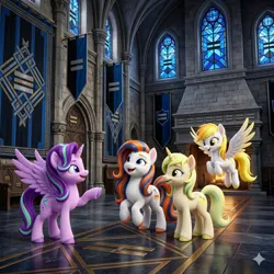 Size: 2048x2048 | Tagged: safe, ai generated, generator:nanobanana 2, prompter:iwtcipp, starlight glimmer, oc, oc:pipette, unnamed oc, alicorn, earth pony, pegasus, pony, unicorn, g4, alicornified, castle, earth pony oc, female, flying, group, horn, image, indoors, looking at someone, looking down, looking up, mare, open mouth, open smile, pegasus oc, photorealistic, png, quartet, race swap, raised hoof, realistic, rearing, smiling, spread wings, standing, standing on three hooves, starlicorn, unicorn oc, watermark, window, wings, xk-class end-of-the-world scenario