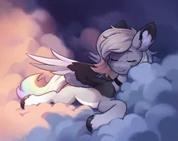 Size: 2528x2000 | Tagged: safe, artist:koviry, derpibooru import, oc, oc:buvany, unofficial characters only, pegasus, pony, choker, cloud, cloven hooves, cute, eyes closed, female, freckles, high res, image, jpeg, lying down, lying on a cloud, mare, on a cloud, sleeping, smiling, spread wings, unshorn fetlocks, wings