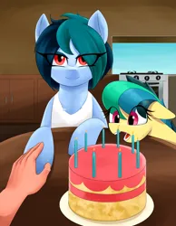 Size: 3545x4570 | Tagged: safe, artist:lillslim, derpibooru import, oc, oc:apogee, oc:delta vee, unofficial characters only, human, pegasus, pony, birthday, birthday cake, cake, candle, commission, daughter, female, first person view, food, hand, holding hooves, image, looking at you, mother and child, mother and daughter, offscreen character, open mouth, oven, pegasus oc, png, pov, smiling, smiling at you, table, teeth, trailer