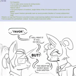 Size: 2000x2000 | Tagged: safe, derpibooru import, screencap, oc, unofficial characters only, earth pony, pony, unicorn, /mlp/, 4chan, 4chan screencap, blushing, bun hairstyle, clothes, eyebrows, fucked up speech bubbles, glasses, horn, image, jpeg, monochrome, necktie, nerd, ponytail, reversed gender roles equestria, reversed gender roles equestria general, speech bubble, stubble, suit, sweat, sweatdrop, this will end in snu snu