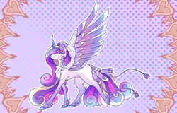 Size: 2048x1310 | Tagged: safe, artist:velvetathari, derpibooru import, princess cadance, alicorn, crystal pony, pony, g4, abstract background, alternate design, chest fluff, colored wings, crystal horn, disguise, disguised changeling, ear fluff, feathered fetlocks, feathered tail, feathered wings, female, gradient legs, gradient mane, gradient tail, gradient wings, horn, image, large wings, mare, multicolored coat, multicolored hair, multicolored mane, multicolored tail, multicolored wings, outline, png, solo, spread wings, tail, white outline, wings