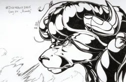Size: 1383x901 | Tagged: safe, artist:raychelrage, derpibooru import, yona, yak, g4, 2025, black and white, black hair, bow, braid, breath, closed mouth, curved horn, english, eyebrows, eyebrows visible through hair, eyelashes, female, frown, furrowed brow, grayscale, hair bow, horn, horns, image, inktober, jpeg, marker drawing, monochrome, shading, side view, signature, simple background, snorting, solo, traditional art, white background, white body, white eyes, white fur