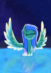 Size: 3720x5262 | Tagged: safe, artist:stephaniethecrepe, derpibooru import, fluttershy, pegasus, g4, eyes closed, image, in water, loose hair, night, png, reflection, solo, spread wings, stars, water, wings