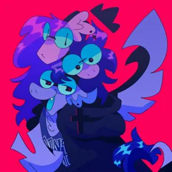 Size: 2000x2000 | Tagged: artist needed, safe, derpibooru import, oc, oc:lunarch, oc:vylet, unofficial characters only, anthro, pegasus, clothes, ear piercing, female, glasses, gonarch's lair, image, jpeg, microphone, piercing, red background, simple background, trio, vylet pony
