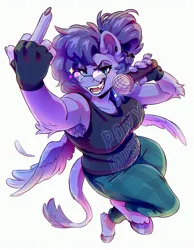 Size: 2725x3520 | Tagged: artist needed, safe, derpibooru import, oc, oc:lunarch, oc:vylet, unofficial characters only, anthro, pegasus, armpit hair, clothes, ear piercing, fangs, female, glasses, gonarch's lair, image, jpeg, microphone, middle finger, piercing, sharp teeth, simple background, smiling, solo, teeth, vulgar, vylet pony, white background