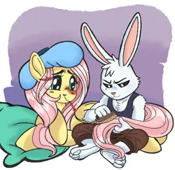 Size: 1100x1071 | Tagged: safe, artist:dbkit, artist:putterpen, derpibooru import, angel bunny, fluttershy, anthro, g4, brushing, brushing mane, duo, duo male and female, female, image, male, png, ship:angelshy, shipping, sick, straight, thermometer
