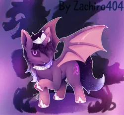 Size: 2684x2486 | Tagged: safe, artist:zachiro404, derpibooru import, oc, oc:whispershade, unofficial characters only, alicorn, bat pony, choker, closed mouth, cutie mark, dark sclera, ethereal mane, galaxy mane, gradient background, horn, image, jewelry, jpeg, looking at you, purple eyes, purple fur, raised hoof, shy, signature, simple background, solo, spiked choker, tiara, watermark
