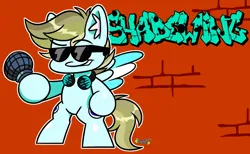 Size: 2872x1768 | Tagged: safe, artist:namelessplaza, derpibooru import, oc, oc:shell spin, unofficial characters only, pegasus, pony, brick wall, commission, friday night funkin', glasses, graffiti, headphones, image, microphone, png, smiling, text
