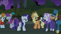 Size: 1920x1080 | Tagged: safe, derpibooru import, screencap, applejack, art vandelhay, joan pommelway, pinot noir, rarity, shiraz, silver berry, uptown clover, earth pony, pony, unicorn, g4, made in manehattan, season 5, applejack's damaged hat, clothes, dress, facial hair, female, hat, horn, image, male, mare, moustache, my little pony, outdoors, png, stallion, top hat, viola (g4)