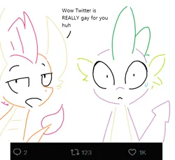 Size: 712x652 | Tagged: safe, artist:tjpones, derpibooru import, smolder, spike, dragon, g4, dragoness, duo, duo male and female, female, image, male, meta, partial color, pinpoint eyes, png, simple background, sweat, sweatdrop, white background, xitter
