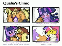 Size: 4093x3053 | Tagged: suggestive, artist:counteryuri, derpibooru import, applejack, twilight sparkle, oc, oc:fleeting qualia, earth pony, pony, unicorn, g4, applejack's hat, blindfold, blushing, comic, cowboy hat, dialogue, drool, drool string, female, hat, horn, image, jpeg, kissing, lesbian, looking at each other, looking at someone, making out, mare, scar, ship:twijack, shipping, stethoscope, trio, unicorn twilight, unshorn fetlocks