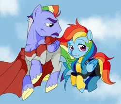 Size: 2048x1755 | Tagged: safe, artist:bugadryl, derpibooru import, bow hothoof, rainbow dash, pegasus, g4, clothes, cosplay, costume, father and child, father and daughter, female, flying, image, invincible, jpeg, male, muscles, omniman