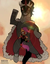 Size: 787x1000 | Tagged: safe, artist:queen_studio, derpibooru import, king sombra, scootaloo, pegasus, pony, g4, blood, clothes, conquest (invincible), crossover, duo, female, filly, foal, image, invincible, jpeg, kid omni-man, mare, nosebleed, oliver (invincible), oliver grayson, simple background, sky, spread wings, sun, underhoof, wings
