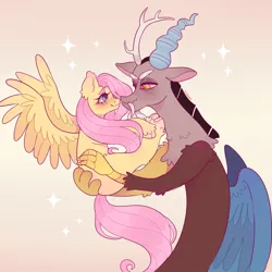 Size: 1300x1300 | Tagged: safe, artist:suzeart, derpibooru import, discord, fluttershy, draconequus, pegasus, pony, g4, 2025, antlers, blue eyes, blue wings, blushing, brown fur, closed mouth, cloven hooves, colored, digital art, discoshy, duo, duo male and female, ear fluff, eyebrows, eyelashes, feathered wings, female, fingers, gray fur, happy, heart, holding a pony, hooves, horn, image, larger male, lidded eyes, long mane, long tail, looking at each other, looking at someone, male, multicolored fur, pink mane, pink tail, png, quadrupedal, shading, shipping, signature, size difference, smaller female, smiling, smiling at each other, sparkles, straight, tail, thick eyebrows, white eyebrows, wings, yellow eyes, yellow wings