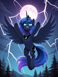 Size: 4704x6176 | Tagged: safe, ai content, ai generated, derpibooru import, generator:yiffymix v64, prompter:thedaren666, stable diffusion, princess luna, alicorn, pony, g4, accessory, ai composition, chest fluff, cloud, ear fluff, eyeshadow, fangs, female, fluffy, frown, full moon, glow, glowing eyes, gritted teeth, hooves, hooves up, horn, image, jewelry, jpeg, lightning, makeup, mare, midair, moon, mountain, night, praise the moon, serious, signature, sky, solo, spread wings, stars, teeth, tiara, tree, underhoof, wings
