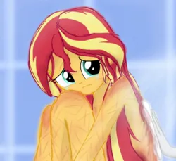 Size: 1000x916 | Tagged: semi-grimdark, suggestive, artist:phoenixveori, derpibooru import, sunset shimmer, human, equestria girls, g4, bleeding, blood, bruised, cleaning, covering chest, cropped, crying, curled up, cut, embarrassed, embarrassed nude exposure, exposed, hand, headcanon, headcanon in the description, hunched over, image, implied rarity, jpeg, looking at someone, looking back, nudity, offscreen character, sad, scar, shower, sitting, tears of pain, towel, wet hair, wing scar