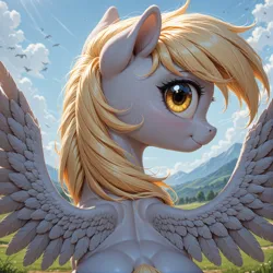 Size: 1496x1496 | Tagged: safe, ai generated, generator:yiffymix v64, prompter:derp621, derpy hooves, pegasus, pony, g4, back, dock, female, image, jpeg, looking at you, looking back, looking back at you, outdoors, prompt in description, smiling, smiling at you, solo, spread wings, tail, toned, toned female, wings