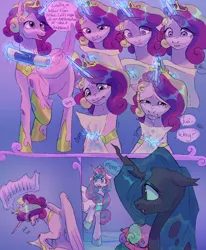 Size: 1400x1700 | Tagged: safe, artist:abbytabbys, derpibooru import, princess cadance, princess flurry heart, queen chrysalis, alicorn, changeling, changeling queen, changepony, hybrid, pony, series:after peace fell, g4, alternate universe, cadalis, comic, crying, dialogue, fangs, female, filly, foal, hoof shoes, image, implied death, infidelity, interspecies offspring, jewelry, lesbian, magic, magical lesbian spawn, mare, offspring, older, older flurry heart, parent:princess cadance, parent:queen chrysalis, parents:cadalis, peytral, png, regalia, scroll, shipping, speech bubble, sweat, telekinesis