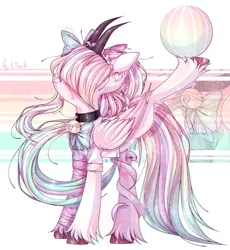Size: 1963x2130 | Tagged: safe, artist:krembosha_krabi_13, derpibooru import, oc, unofficial characters only, pony, snake, abstract background, balancing, ball, bell, bell collar, bow, collar, ear piercing, earring, female, hair bow, hair over eyes, horns, image, jewelry, mare, piercing, png, smiling, solo, unshorn fetlocks, wings