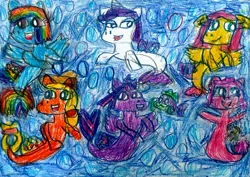Size: 3074x2173 | Tagged: safe, artist:gab_eka(gabyshevakata), derpibooru import, applejack, fluttershy, pinkie pie, rainbow dash, rarity, spike, twilight sparkle, twilight sparkle (alicorn), alicorn, earth pony, fish, pegasus, pony, puffer fish, sea pony, seapony (g4), unicorn, g4, my little pony: the movie, applejack's hat, bubble, clothes, cowboy hat, cute, dashabetes, diapinkes, female, fin wings, fins, fish tail, happy, hat, horn, image, jacket, jpeg, looking at you, male, mane six, mare, mermaid tail, ocean, open mouth, open smile, raribetes, seaponified, seapony applejack, seapony fluttershy, seapony pinkie pie, seapony rainbow dash, seapony rarity, seapony twilight, shyabetes, smiling, smiling at you, species swap, spikabetes, spike the pufferfish, tail, traditional art, twiabetes, underwater, water, wings
