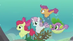 Size: 1280x720 | Tagged: safe, artist:ebotizer, screencap, apple bloom, scootaloo, spike, sweetie belle, earth pony, fish, pegasus, pony, puffer fish, seapony (g4), unicorn, surf and/or turf, cutie mark crusaders, image, jpeg