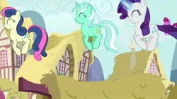 Size: 1280x720 | Tagged: safe, artist:ebotizer, screencap, bon bon, lyra heartstrings, rarity, earth pony, pony, unicorn, a friend in deed, the gift of the maud pie, image, jpeg