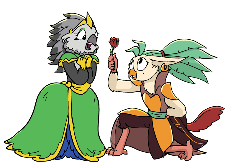 Size: 1625x1147 | Tagged: safe, artist:petirep, derpibooru import, captain celaeno, anthro, bird, digitigrade anthro, ornithian, g4, my little pony: the movie, beak, duo, duo female, female, flower, hat off, image, jpeg, kneeling, lesbian, looking at each other, looking at someone, open beak, open mouth, open smile, princess ocypete, rose, ship:ocylaeno, shipping, simple background, smiling, teary eyes, white background