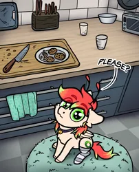 Size: 1352x1675 | Tagged: safe, artist:helmie-art, derpibooru import, oc, oc:chise, unofficial characters only, pegasus, pony, antennae, bell, bell collar, clothes, collar, cookie, cute, ear piercing, earring, floppy ears, food, green eyes, image, indoors, jewelry, knife, looking at you, microwave, pegasus oc, pegasus wings, piercing, png, sitting, smol, socks, solo, text, unshorn fetlocks, wings