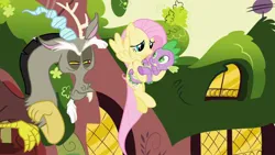 Size: 1280x720 | Tagged: safe, artist:ebotizer, screencap, discord, fluttershy, spike, draconequus, dragon, pegasus, pony, friendship is magic, keep calm and flutter on, female, flutterspike, image, jpeg, male, shipping, straight
