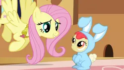Size: 1280x720 | Tagged: safe, artist:ebotizer, screencap, apple bloom, fluttershy, earth pony, pegasus, pony, rabbit, family appreciation day, keep calm and flutter on, bunny bloom, bunny costume, image, jpeg