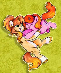 Size: 2577x3072 | Tagged: safe, artist:dariarchangel, derpibooru import, oc, oc:dazha, oc:shimmer paradise, pony oc, unofficial characters only, pony, unicorn, g4, :d, ^^, abstract background, bangs, beige coat, belly, big belly, coat marking, colored hooves, cute, dazhabetes, duo, duo female, eyes closed, facial marking, female, female oc, friends, friendship, full body, ginger hair, ginger mane, ginger tail, gold hooves, golden horn, green eyes, heart, high ponytail, hoof heart, hooves, horn, hug, image, incoming hug, mare, mare oc, mixed media, ocbetes, open mouth, open smile, orange hair, orange mane, orange tail, physique difference, pink coat, png, ponytail, round belly, sidebangs, small horn, smiling, socks (coat marking), star (coat marking), surprise hug, tail, teenager, underhoof, unicorn oc, weapons-grade cute