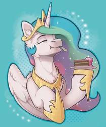 Size: 2715x3246 | Tagged: safe, artist:dorkmark, derpibooru import, princess celestia, alicorn, pony, g4, cake, cakelestia, chest fluff, eating, eyes closed, female, food, fork, high res, hoof hold, image, jpeg, mare, smiling, solo