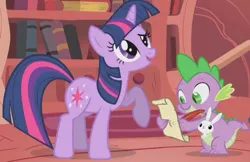 Size: 656x426 | Tagged: safe, artist:ebotizer, screencap, angel bunny, spike, twilight sparkle, dragon, pony, rabbit, unicorn, dragonshy, image, jpeg, pet, pouch