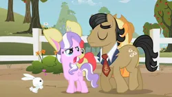Size: 1280x720 | Tagged: safe, artist:ebotizer, screencap, angel bunny, apple bloom, applejack, diamond tiara, filthy rich, earth pony, pony, rabbit, unicorn, family appreciation day, bunny ears, bunny tiara, image, jpeg, pet