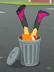 Size: 1792x2400 | Tagged: safe, derpibooru import, sunset shimmer, human, equestria girls, g4, boots, clothes, female, high heel boots, image, jacket, jpeg, legs in air, shirt, shoes, skirt, solo, solo female, trash can, upside down