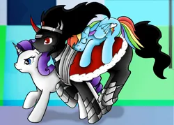 Size: 1600x1144 | Tagged: safe, artist:pixel-spark, ponerpics import, ponybooru import, king sombra, rainbow dash, rarity, pegasus, pony, unicorn, fanfic:from darkness to light, bevor, boots, clothes, collar, colored horn, crown, crystal empire, curved horn, determined look, fainted, fanfic art, grass, helmet, horn, house, image, jewelry, jpeg, pathway, regalia, road, shoes, sky, sombra's cape, sombra's horn, sombra's robe, trio male and female, walkway