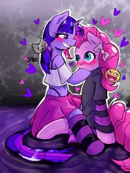 Size: 1536x2048 | Tagged: safe, artist:jupiterrwuz, derpibooru import, pinkie pie, twilight sparkle, earth pony, pony, unicorn, g4, belly, belly button, blue eyes, blushing, clothes, duo, female, gradient background, heart, horn, image, jpeg, lesbian, mare, pink coat, pink mane, purple coat, purple eyes, purple mane, shipping, sitting, skirt, socks, striped socks, sweater, turtleneck, twinkie