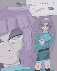Size: 1200x1500 | Tagged: safe, artist:krubs1, derpibooru import, boulder (pet), maud pie, human, g4, belt, boots, breasts, clothes, eyeshadow, female, humanized, image, makeup, png, rock, shoes, skirt, solo, sweater