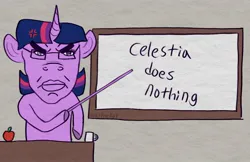 Size: 1424x921 | Tagged: safe, artist:reddthebat, derpibooru import, twilight sparkle, pony, unicorn, g4, apple, chud, coffee mug, female, food, furrowed brow, glasses, horn, image, implied princess celestia, jpeg, looking at you, magnetic hooves, mare, mug, pointer, solo, unicorn twilight, whiteboard