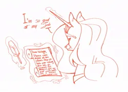 Size: 939x681 | Tagged: safe, artist:counteryuri, derpibooru import, princess celestia, alicorn, pony, g4, female, image, implied twilight sparkle, jewelry, jpeg, magic, mare, monochrome, peytral, quill, regalia, scroll, simple background, solo, telekinesis, white background