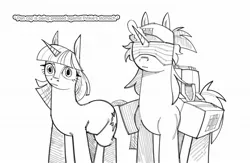 Size: 2048x1336 | Tagged: safe, artist:counteryuri, derpibooru import, twilight sparkle, oc, oc:fleeting qualia, pony, unicorn, g4, bag, bandage, baseball cap, black and white, blindfold, cap, duo, female, grayscale, hat, horn, image, implied pinkie pie, jpeg, magic, mare, medkit, monochrome, saddle bag, simple background, telekinesis, unicorn twilight, white background
