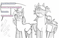 Size: 2048x1336 | Tagged: safe, artist:counteryuri, derpibooru import, twilight sparkle, oc, oc:fleeting qualia, pony, unicorn, g4, bag, bandage, baseball cap, black and white, blindfold, blushing, cap, dialogue, duo, female, glow, glowing horn, grayscale, hat, horn, image, implied pinkie pie, jpeg, mare, medkit, monochrome, offscreen character, offscreen female, saddle bag, shaking, simple background, unicorn twilight, white background