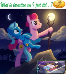 Size: 2049x2298 | Tagged: safe, artist:memeartboi, derpibooru import, oc, ponified, earth pony, pony, unicorn, g4, alternate universe, bipedal, carrying, cartoon logic, cliff, clothes, colorful, comedy, couple, crescent moon, determination, determined, determined look, determined smile, digital art, duo, duo male and female, emoji, emotions, episode reference, expressive eyes, eyelashes, eyes open, facepalm, facepalm emoji, family, fanart, fandom, father and mother, female, funny, heart, heart cutie mark, holding a pony, horn, humor, husband, husband and wife, image, jpeg, male, mare, married couple, meme, moon, multiple characters, nicole watterson, night, no eyelashes, open mouth, outdoors, parody, pearl, pony version, pose, posing for photo, quoting, reference, richard watterson, scepter, shipping, show accurate, stallion, standing, surprised, tawog, text, the amazing world of gumball, the wonderfully weird world of gumball, tree branch, tribute, twwwog, unicorn horn, what in tarnation, wife, worried