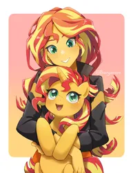 Size: 2222x2873 | Tagged: safe, artist:buryooooo, derpibooru import, sunset shimmer, human, pony, unicorn, art pack:mypastisnottoday2025, equestria girls, g4, blushing, button, clothes, female, green eyes, holding a pony, horn, icon, image, jacket, leather, leather jacket, looking at each other, looking at self, looking at someone, mare, png, self paradox, self ponidox, simple background, transparent background, website