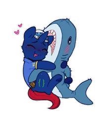 Size: 822x936 | Tagged: safe, artist:flixanoa, derpibooru import, oc, oc:bit shift, unofficial characters only, cyborg, pony, shark, unicorn, bag, blushing, blåhaj, brain, brain dome, clothes, commission, eyes closed, happy, heart, horn, hug, image, jumpsuit, organs, outline, plushie, png, saddle bag, shark plushie, simple background, smiling, solo, transparent background, vault suit, white outline, ych result