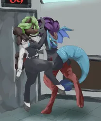 Size: 1863x2237 | Tagged: suggestive, artist:ninusin, derpibooru import, princess ember, raven, oc, oc:cutting edge, oc:starless night (desolator), anthro, bat pony, dragon, earth pony, unguligrade anthro, unicorn, g4, april fools joke, bat pony oc, bodysuit, business, businessmare, clothes, costume, disguise, drool, drool string, earth pony oc, elevator, eyes closed, female, fetish, glasses, horn, identity theft, image, impersonating, kissing, lesbian, png, shipping, skinsuit, story included, suit