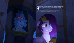 Size: 7696x4500 | Tagged: safe, artist:bearmation, derpibooru import, cozy glow, pipp petals, pegasus, pony, g4, g5, absurd resolution, castle, commission, crown, glow, glowing eyes, haunted house, headcanon, image, indoors, jewelry, mobile phone, night, older, older cozy glow, painting, phone, png, red eyes, red-eyed pipp, regalia, scared, smartphone, smiling, solo, spirit, spooky, stars, story included, text, zephyr heights